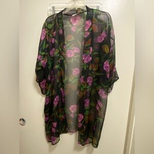 LA Intimates Womens Sheer Night Robe Kimono M Medium Floral Black Purple Green
